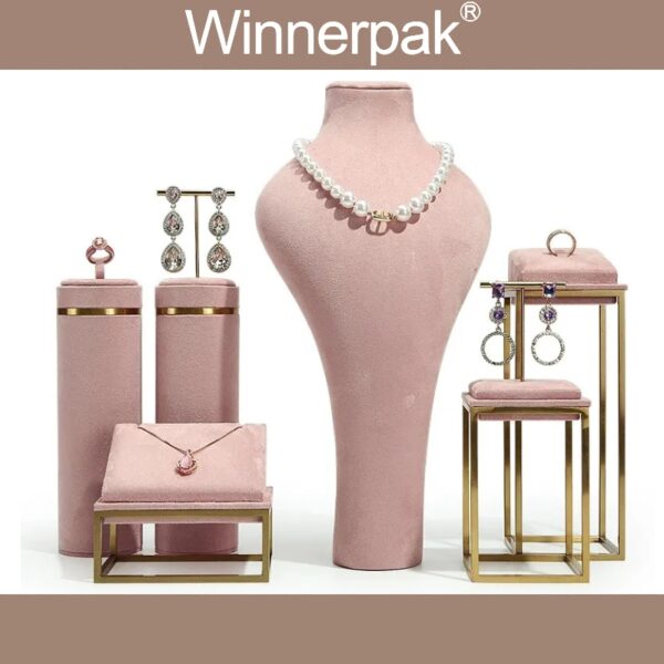 Set espositore per gioielli di lusso in pelle scamosciata rosa e oro B – Espositori da boutique moderni | Winnerpak