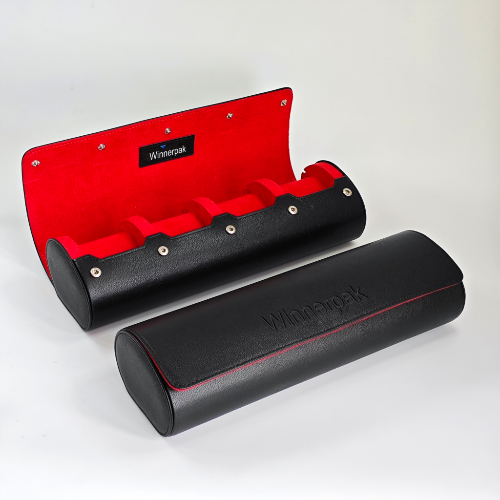 4 Leather Watch Roll Case - Premium black leather travel case with 4 watch slots, featuring Winnerpak logo embossing. Guangzhou's leading watch roll factory product.